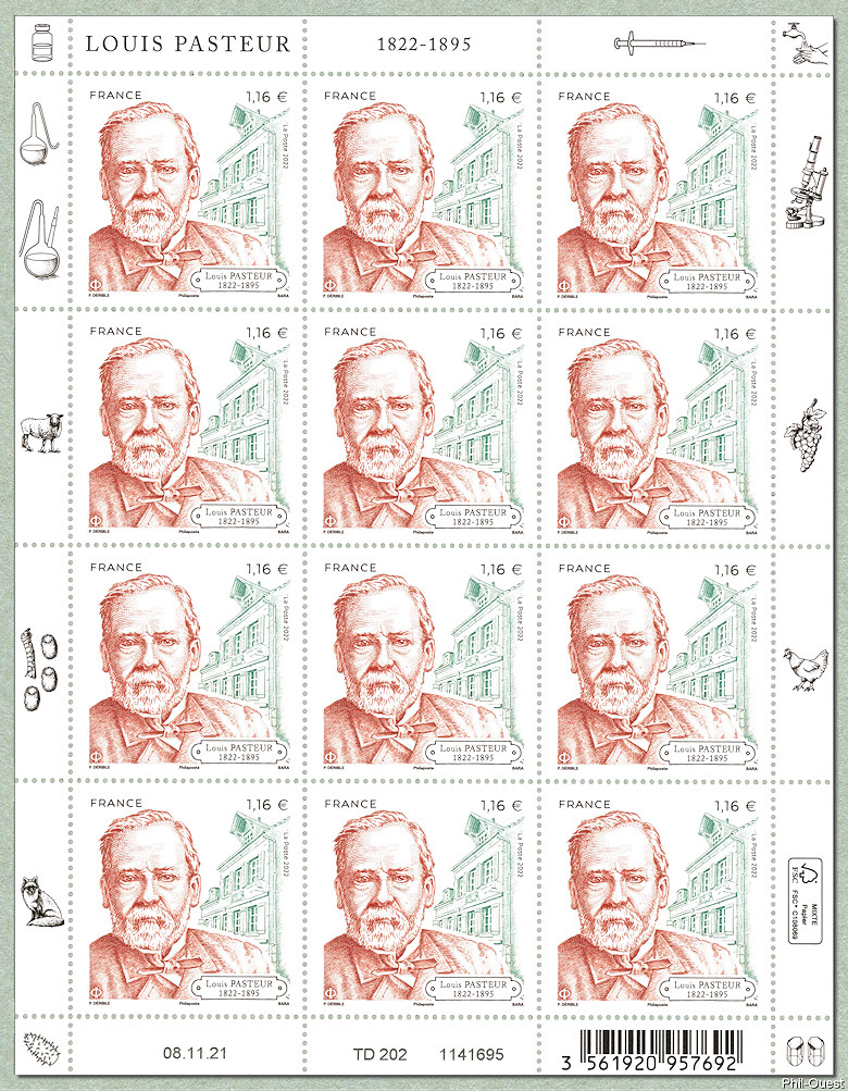 Feuille de 12 timbres de Louis Pasteur 1822-1895