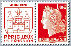 Image du timbre République de Cheffer et vignette Juin 2010-Périgueux 1ère émission-Typographie