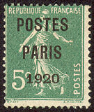 Semeuse 5c vert  fond plein sans sol préoblitéré<br />surchargé POSTES PARIS 1920