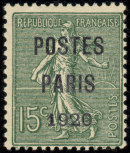 Image du timbre Semeuse lignée 15c vert  préoblitéré-surchargé POSTES PARIS 1920