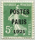 Semeuse 5c vert  fond plein sans sol préoblitéré<br />surchargé POSTES PARIS 1921