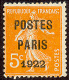 Semeuse 5c orange  fond plein sans sol préoblitéré<br />surchargé POSTES PARIS 1922