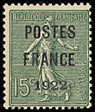 Semeuse lignée 15 c vert-olive   préoblitéré<br />surchargé POSTES FRANCE 1922