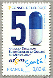 Image du timbre 50 ans de le Direction Européenne de la Qualité du Médicament edqm Santé !
