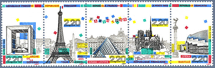 Image du timbre Arche de la Défense, Tour Eiffel, Grand Louvre, Notre-Dame, Opéra Bastille